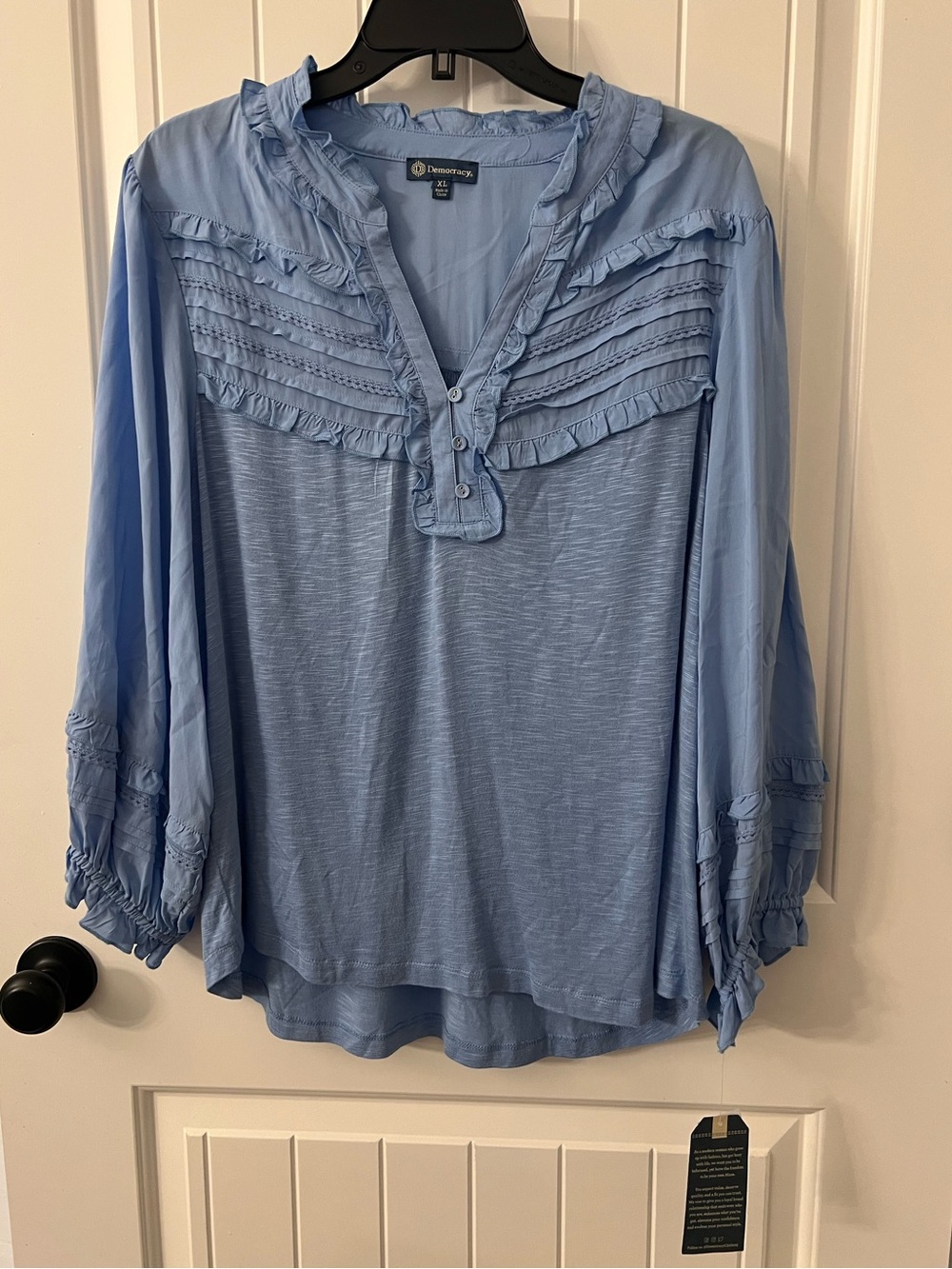 NWT Democracy Light Blue Ruffle Henley Blouse
